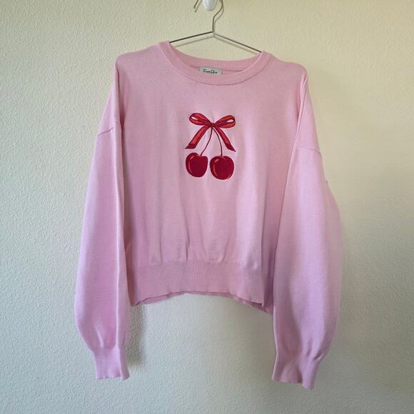 Faded Rose Pink Cherry Embroidered Sweater Womens Size L Soft Knit Long Sleeve - Picture 12 of 12
